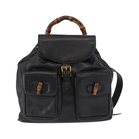 Gucci Vintage Bamboo Leather, Black, Leather, Backpack