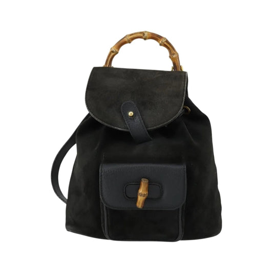 Gucci Vintage Bamboo Suede, Black, Leather, Backpack