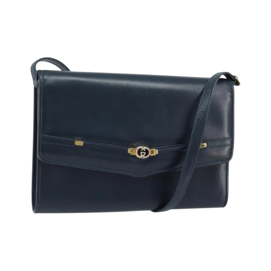 Gucci Vintage Interlocking G Flap Leather, Navy, Leather, Shoulder Bag