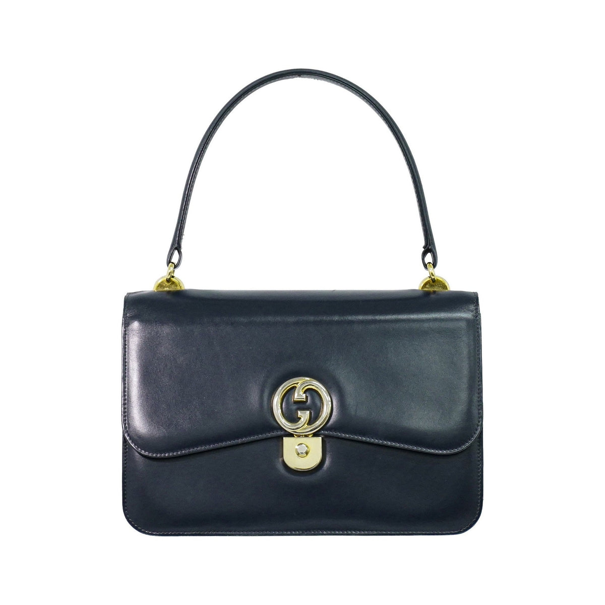 Gucci Vintage Top Handle Flap Leather with Chain Detail, Navy, Leather, Handbag