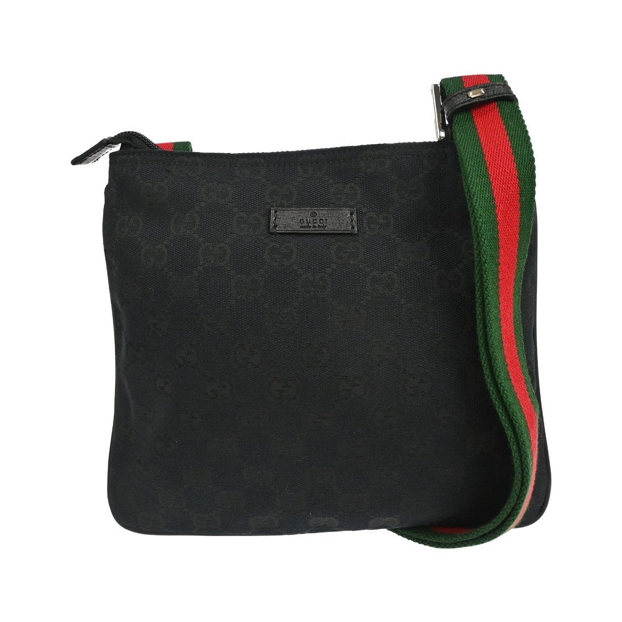 Gucci Web Strap Zip Messenger GG Canvas and leather, Black, Canvas, Shoulder Bag