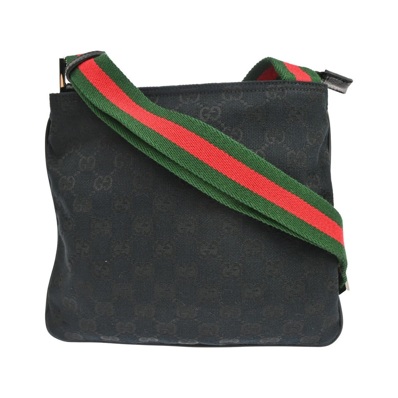 Gucci Web Strap Zip Messenger GG Canvas and leather, Black, Canvas, Shoulder Bag