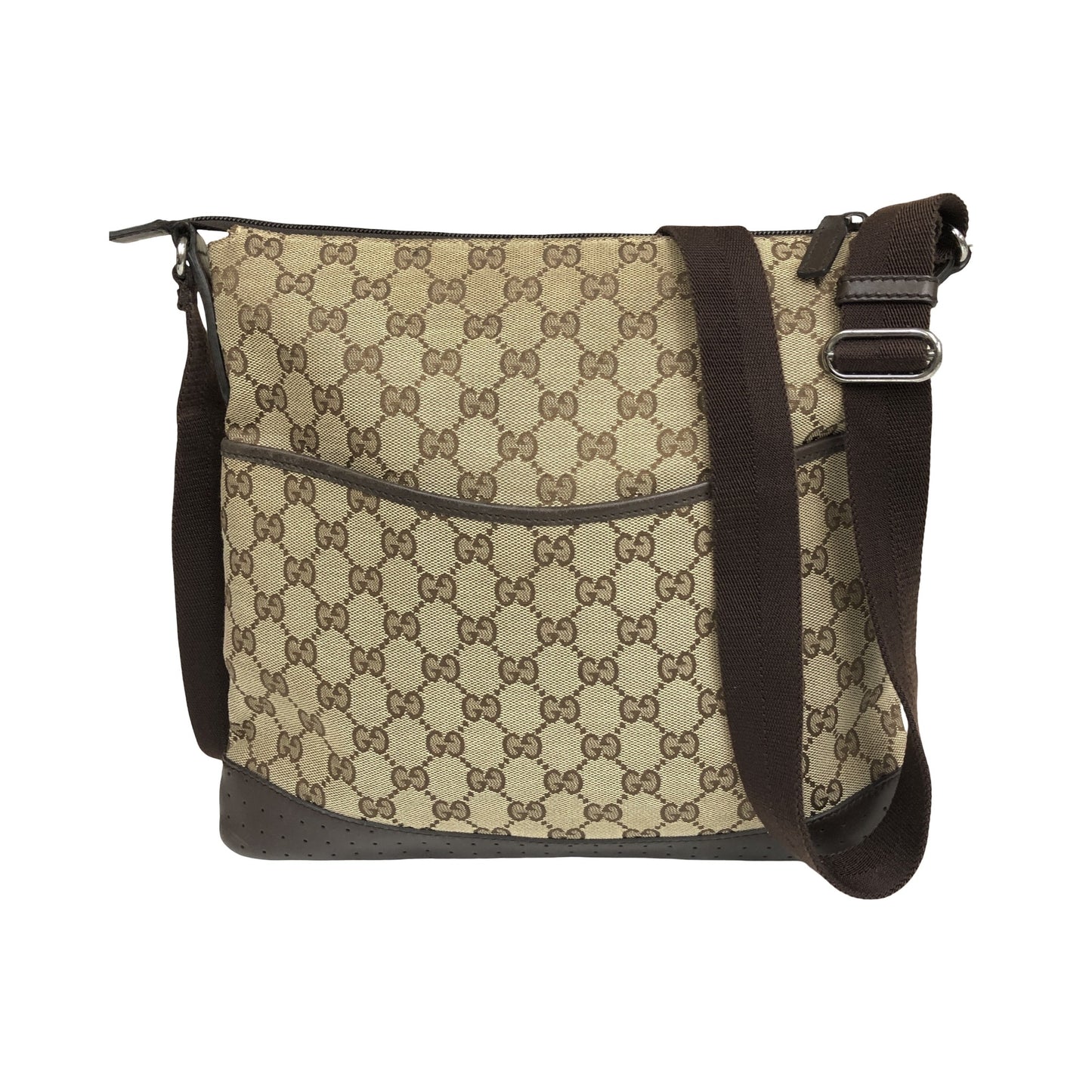 Gucci Zip Messenger GG Canvas with Perforated Leather, Beige, Canvas, Shoulder Bag