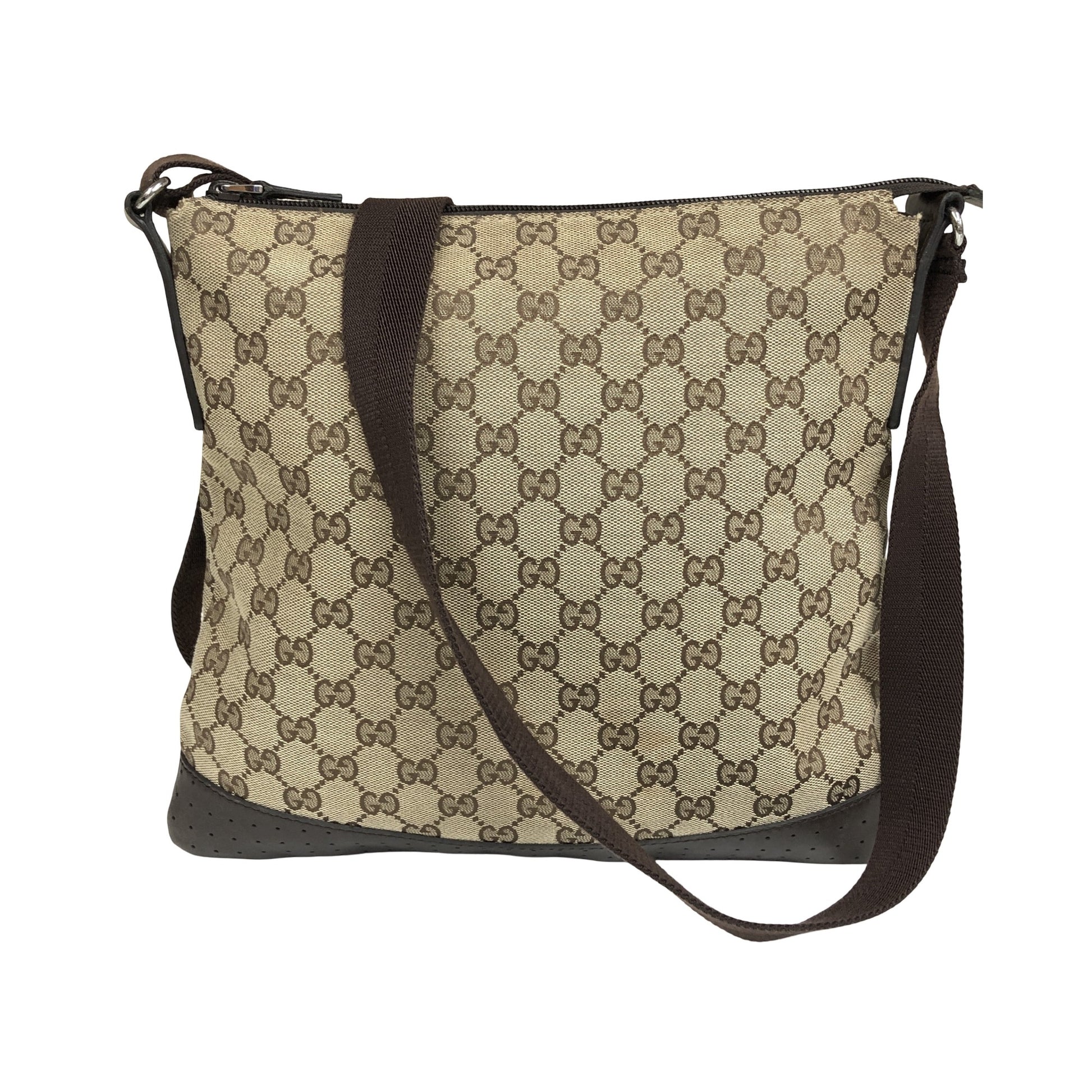 Gucci Zip Messenger GG Canvas with Perforated Leather, Beige, Canvas, Shoulder Bag