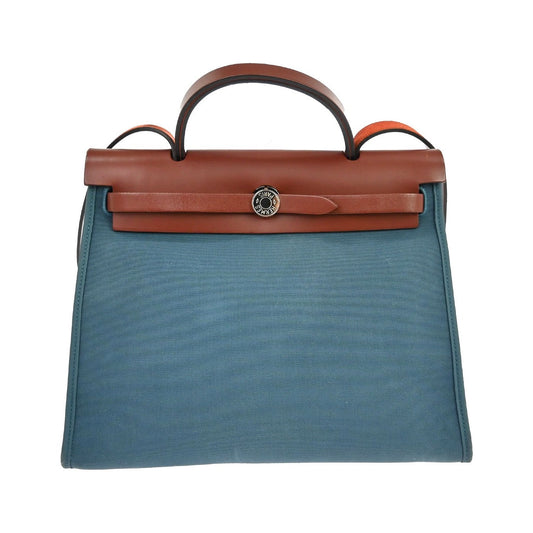 Hermes Herbag Zip Leather and Toile, Blue, Canvas, Handbag