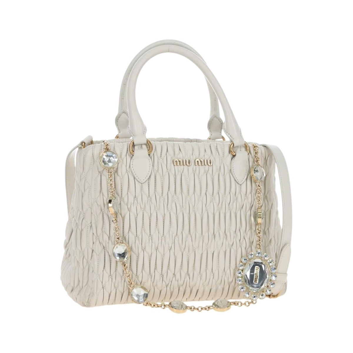 Miu Miu Crystal Convertible Matelasse Leather, White, Leather, Tote Bag