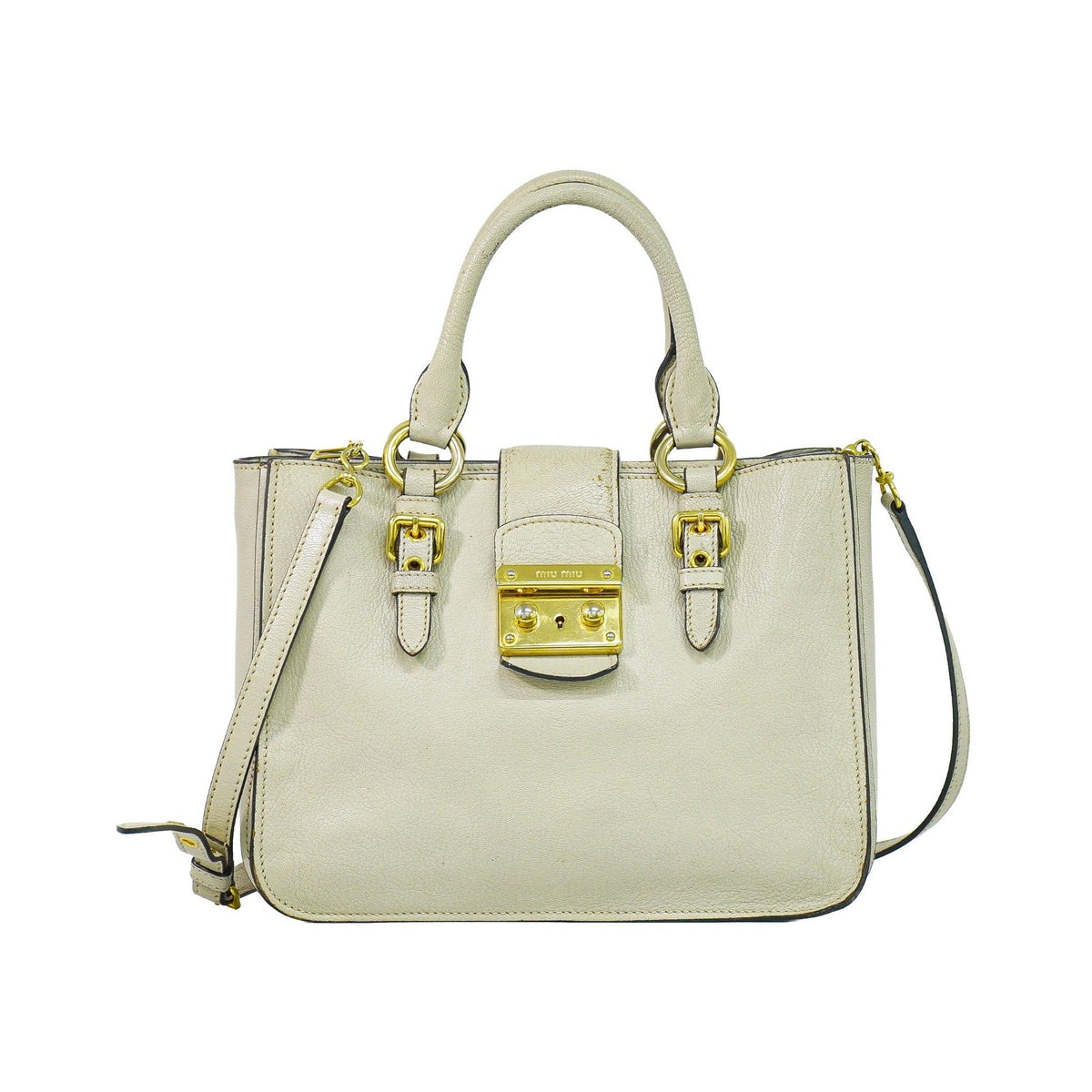 Miu Miu Madras Convertible Lock Leather, Beige, Leather, Tote Bag