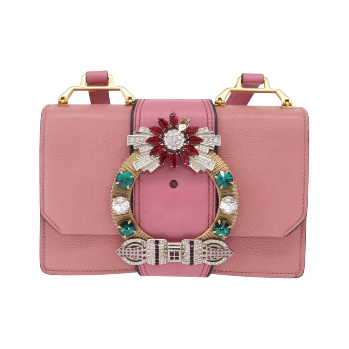 Miu Miu Madras Crystal Buckle Leather, Pink, Leather, Shoulder Bag