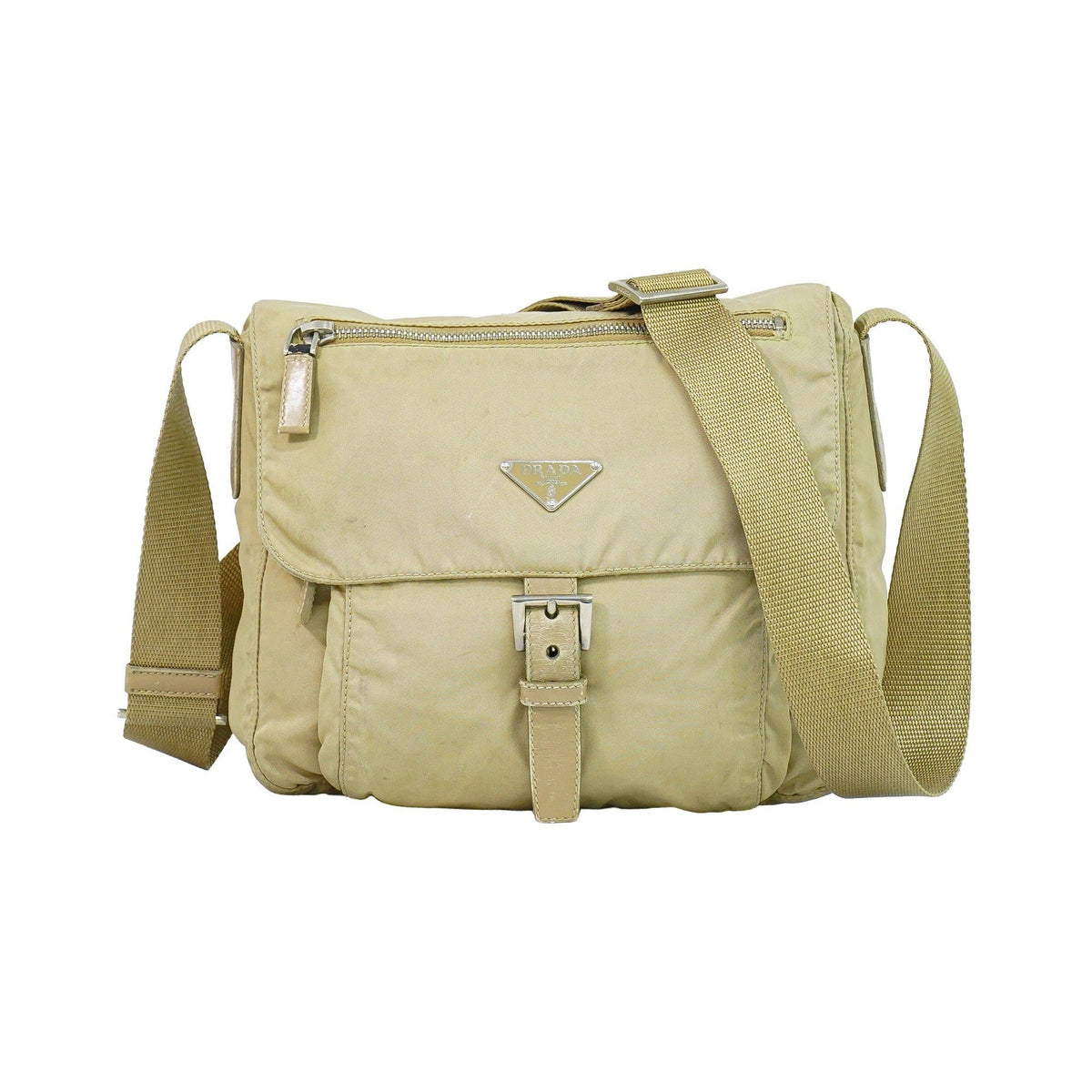 Prada Buckle Messenger Tessuto, Beige, Nylon, Shoulder Bag