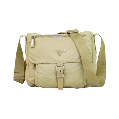 Prada Buckle Messenger Tessuto, Beige, Nylon, Shoulder Bag