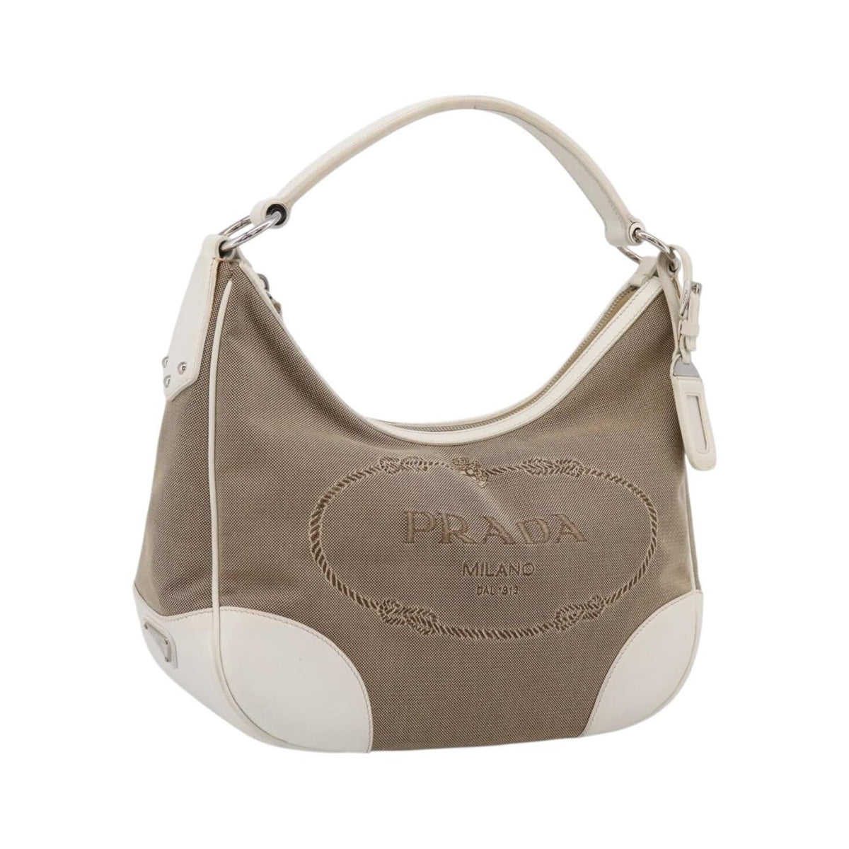 Prada Canapa Hobo Canvas with Leather, Beige, Canvas, Shoulder Bag