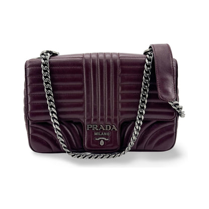 Prada Chain Flap Diagramme Quilted Leather, Burgundy, Leather, Shoulder Bag
