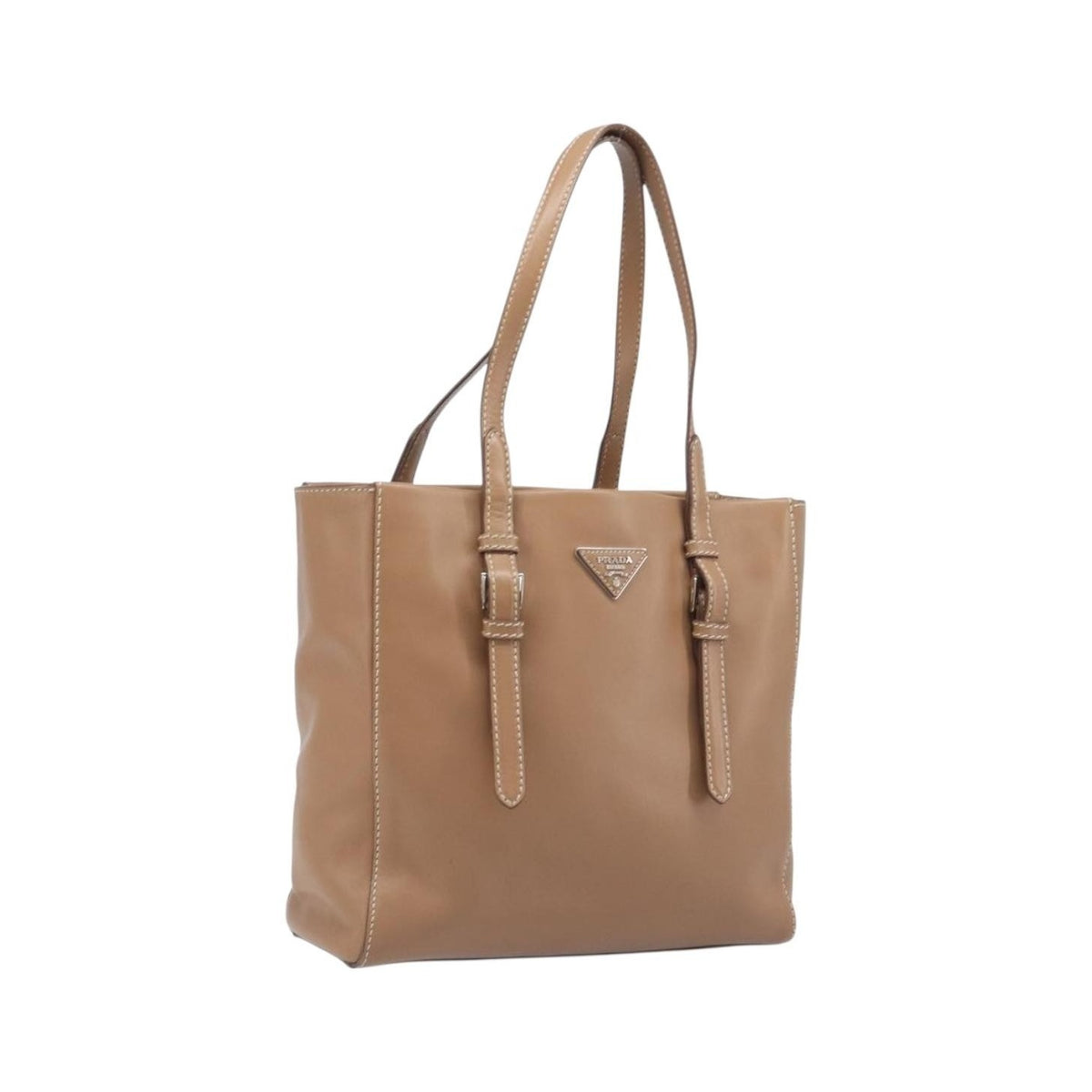 Prada Covered Strap Open City Calfskin, Beige, Leather, Tote Bag