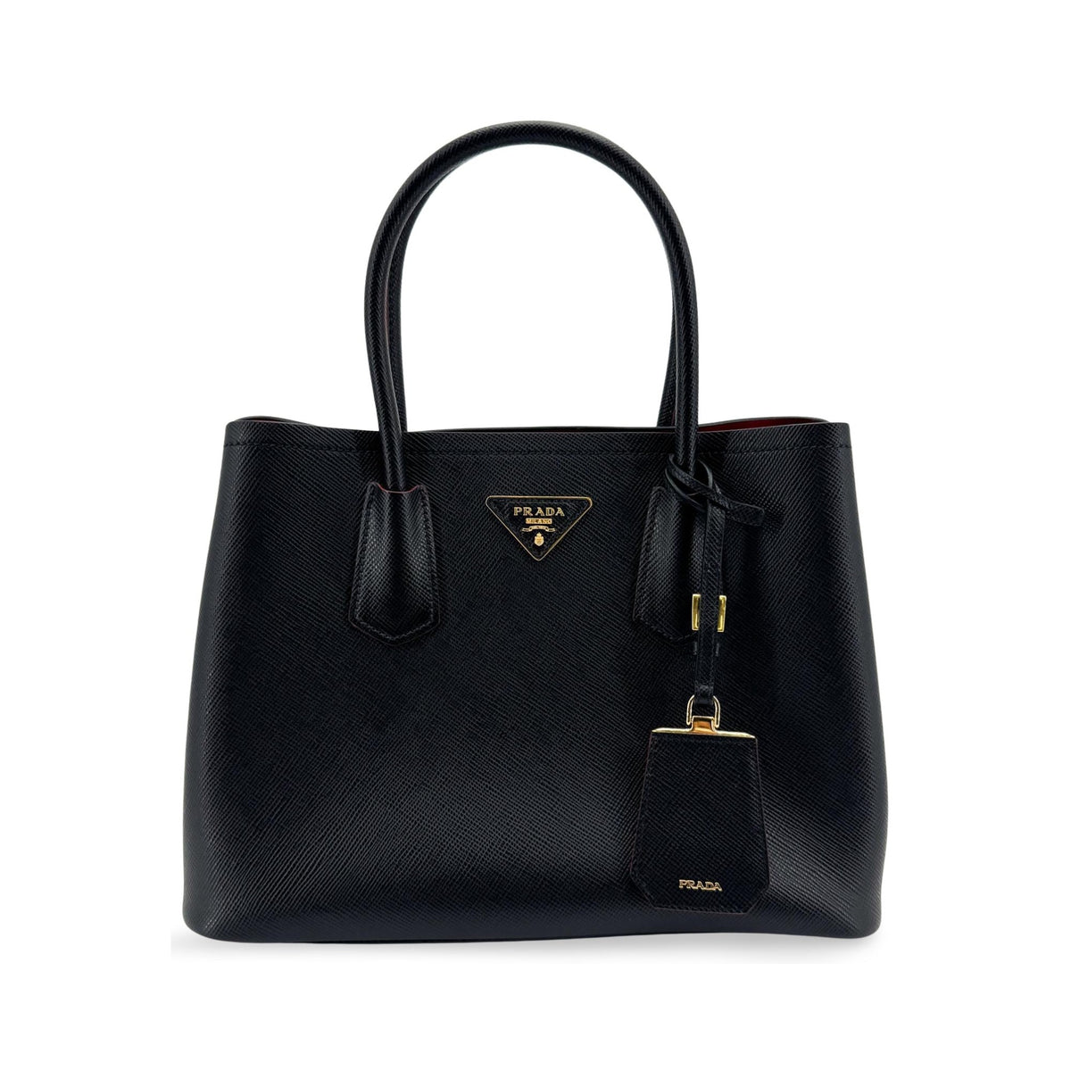 Prada Cuir Double Tote Saffiano, Black, Leather, Tote Bag