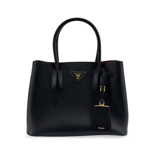 Prada Cuir Double Tote Saffiano, Black, Leather, Tote Bag