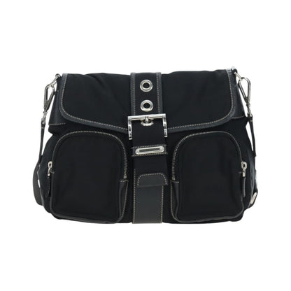 Prada Double Pocket Buckle Flap Tessuto and Leather, Black, Nylon, Handbag