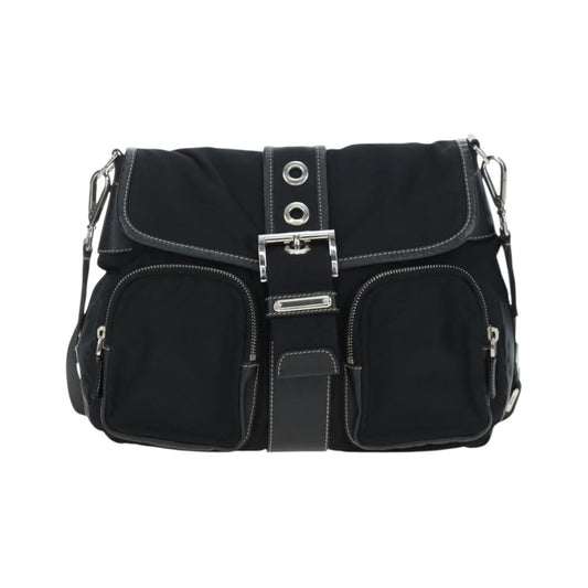 Prada Double Pocket Buckle Flap Tessuto and Leather, Black, Nylon, Handbag
