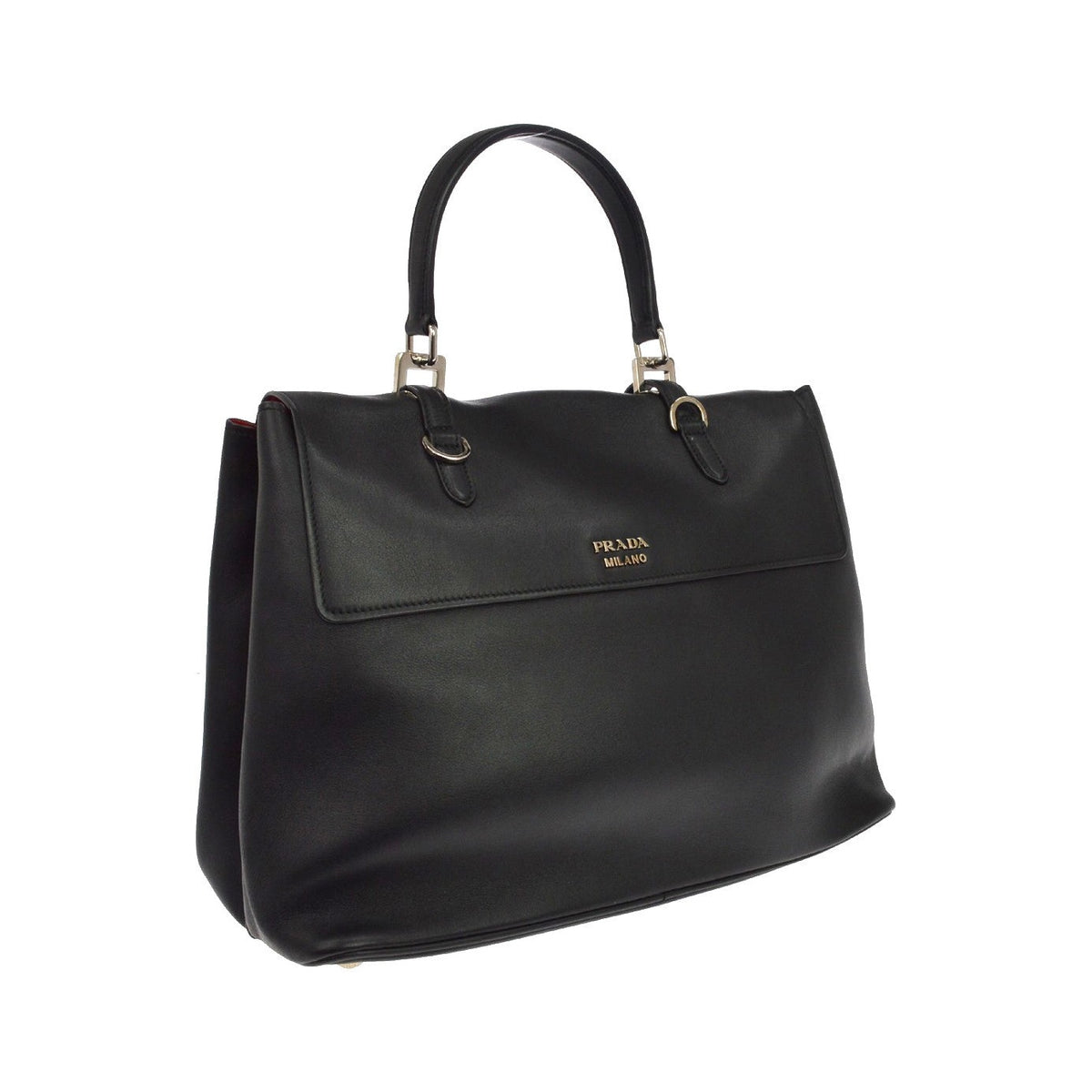 Prada Dual Flap Double Turn Lock Satchel City Calfskin, Black, Leather, Handbag
