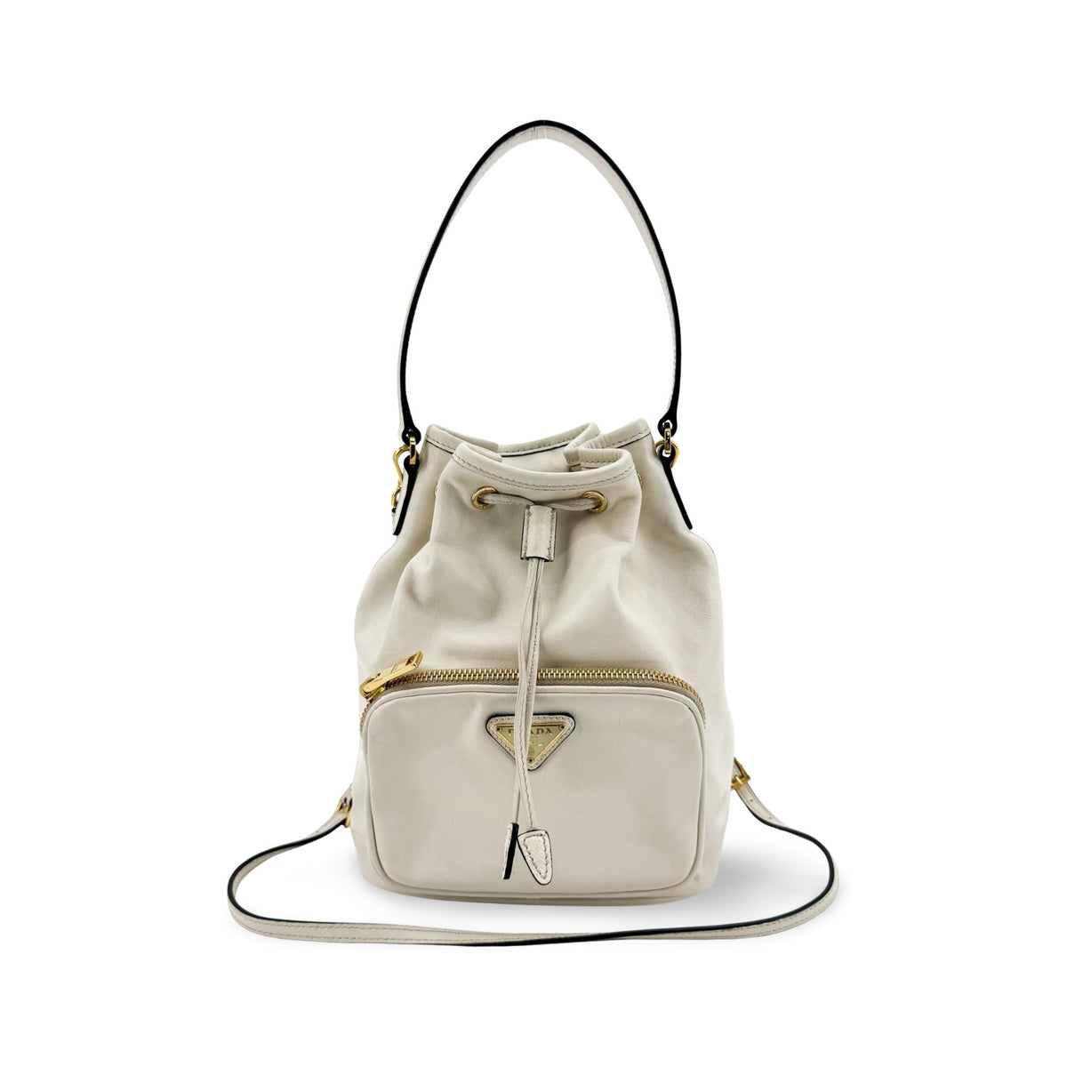 Prada Duet Drawstring Bucket Leather, White, Leather, Handbag