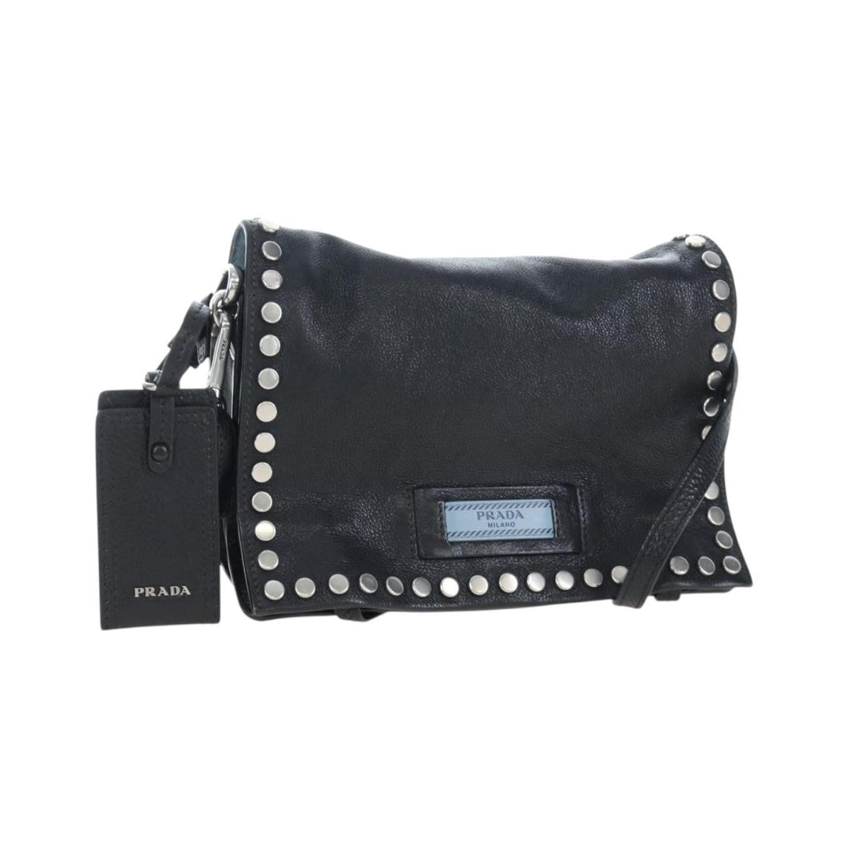 Prada Etiquette Flap Studded Glace Calfskin, Black, Leather, Handbag