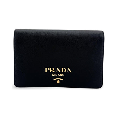 Prada Flap Card Case on Chain Saffiano Leather, Black, Leather, Card Holder