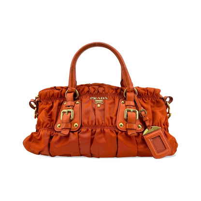 Prada Gaufre Convertible Satchel Leather and Tessuto, Orange, Nylon, Handbag