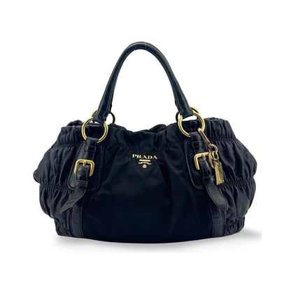 Prada Gaufre Convertible Satchel Leather and Tessuto, Black, Nylon, Handbag