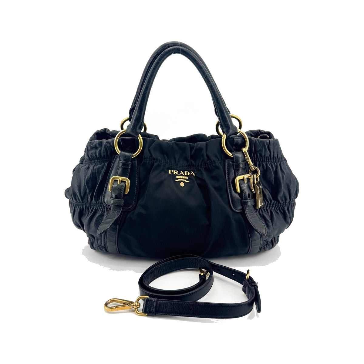 Prada Gaufre Convertible Satchel Leather and Tessuto, Black, Nylon, Handbag