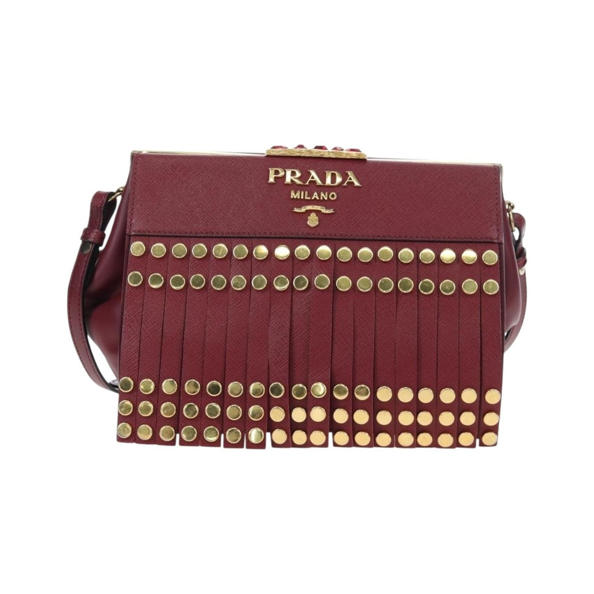 Prada Idol Studded Fringe Saffiano Leather, Burgundy, Leather, Shoulder Bag
