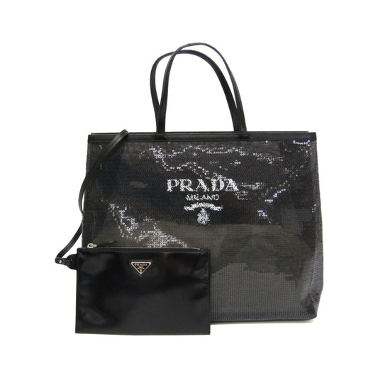 Prada Logo Open Sequined Mesh, Black, Mesh, Tote Bag