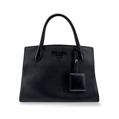 Prada Monochrome Saffiano with City Calf, Black, Leather, Tote Bag