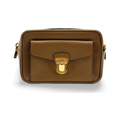 Prada Pushlock Pocket Camera Saffiano Leather, Brown, Leather, Handbag