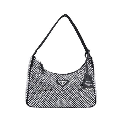 Prada Re-Edition 2000 Hobo Crystal Embellished Satin, Silver, Silk, Shoulder Bag