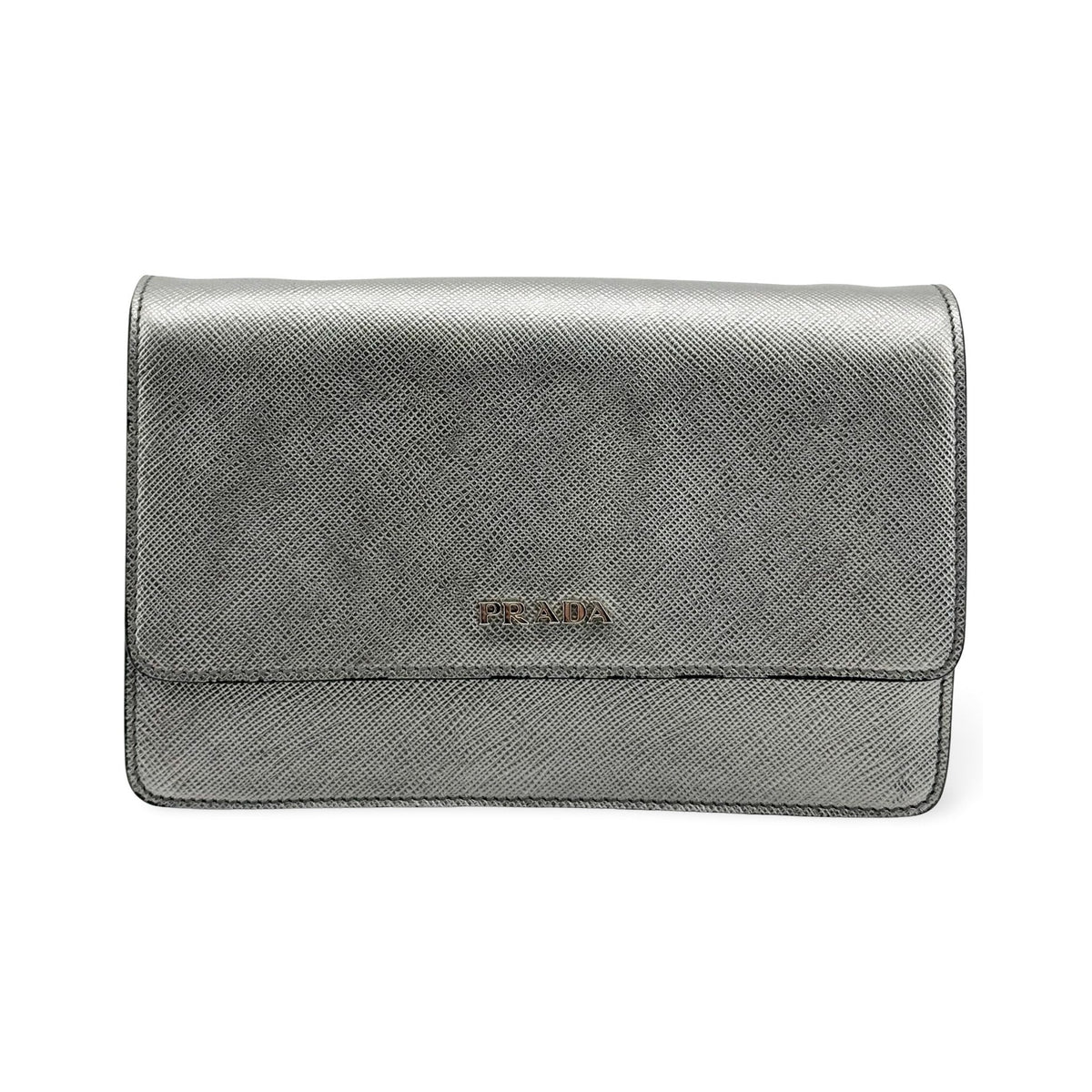 Prada Wallet on Strap Saffiano Leather, Silver, Leather, Crossbody Bag