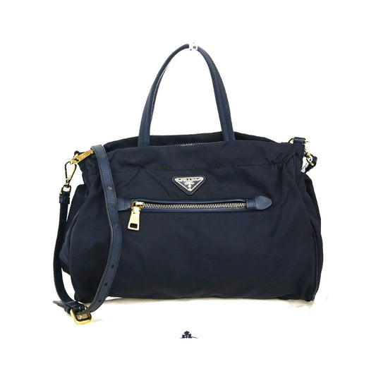 Prada Zip Convertible Shopping Tote Tessuto with Saffiano Leather, Navy, Nylon, Handbag