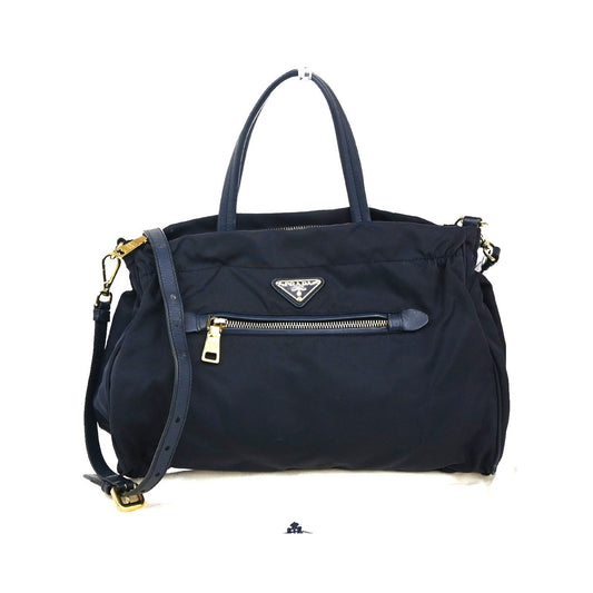 Prada Zip Convertible Shopping Tote Tessuto with Saffiano Leather, Navy, Nylon, Handbag