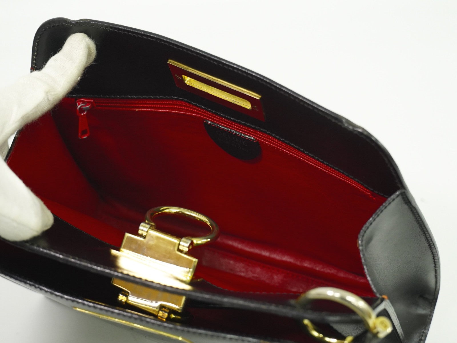 Celine Gancini Handbag Leather, BLACK, LEATHER, Handbag