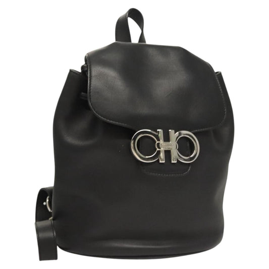 Salvatore Ferragamo Gancini Flap Drawstring Backpack Leather, BLACK, LEATHER, Backpack