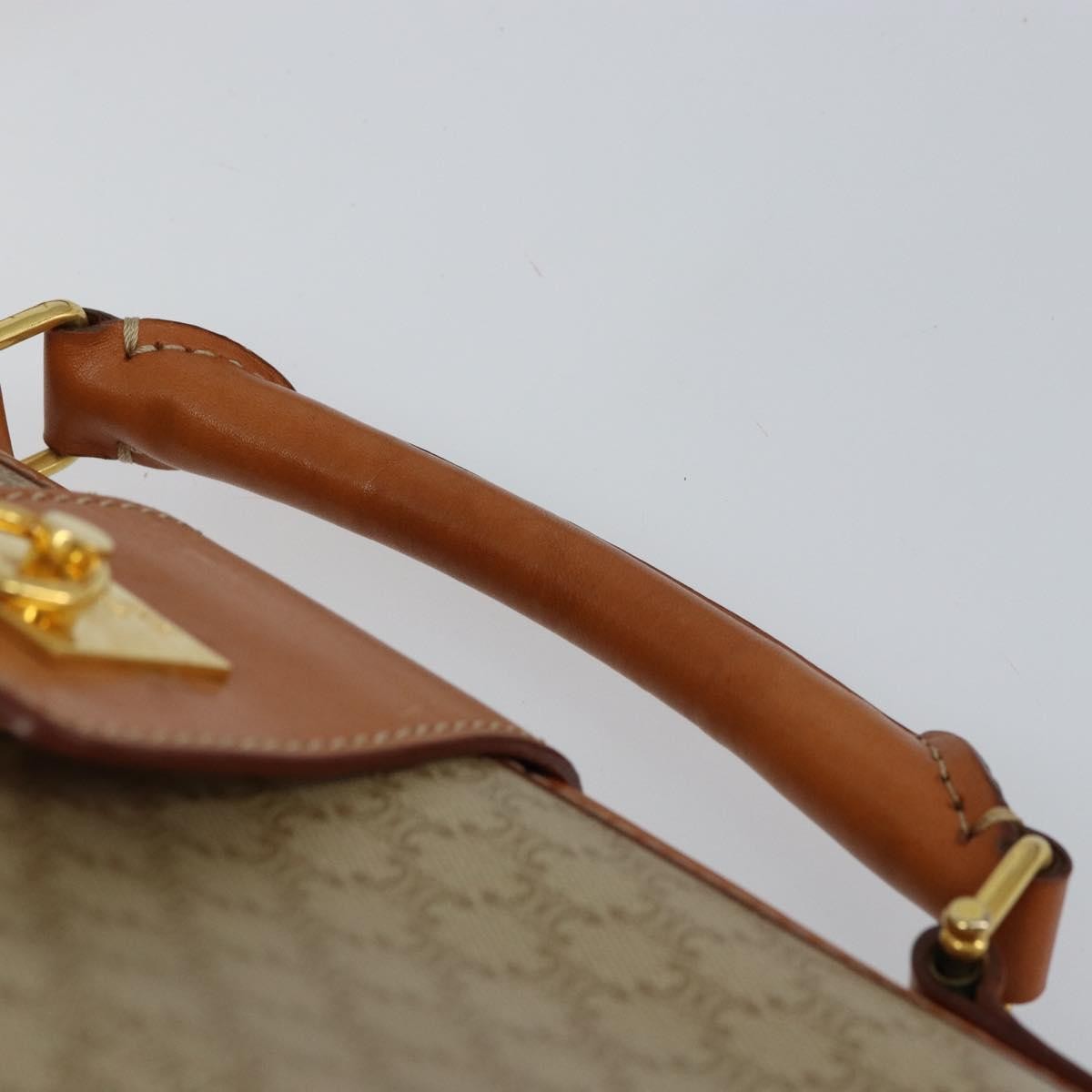 Celine Vintage Macadam Handbag Canvas and Leather, BEIGE, CANVAS, Handbag