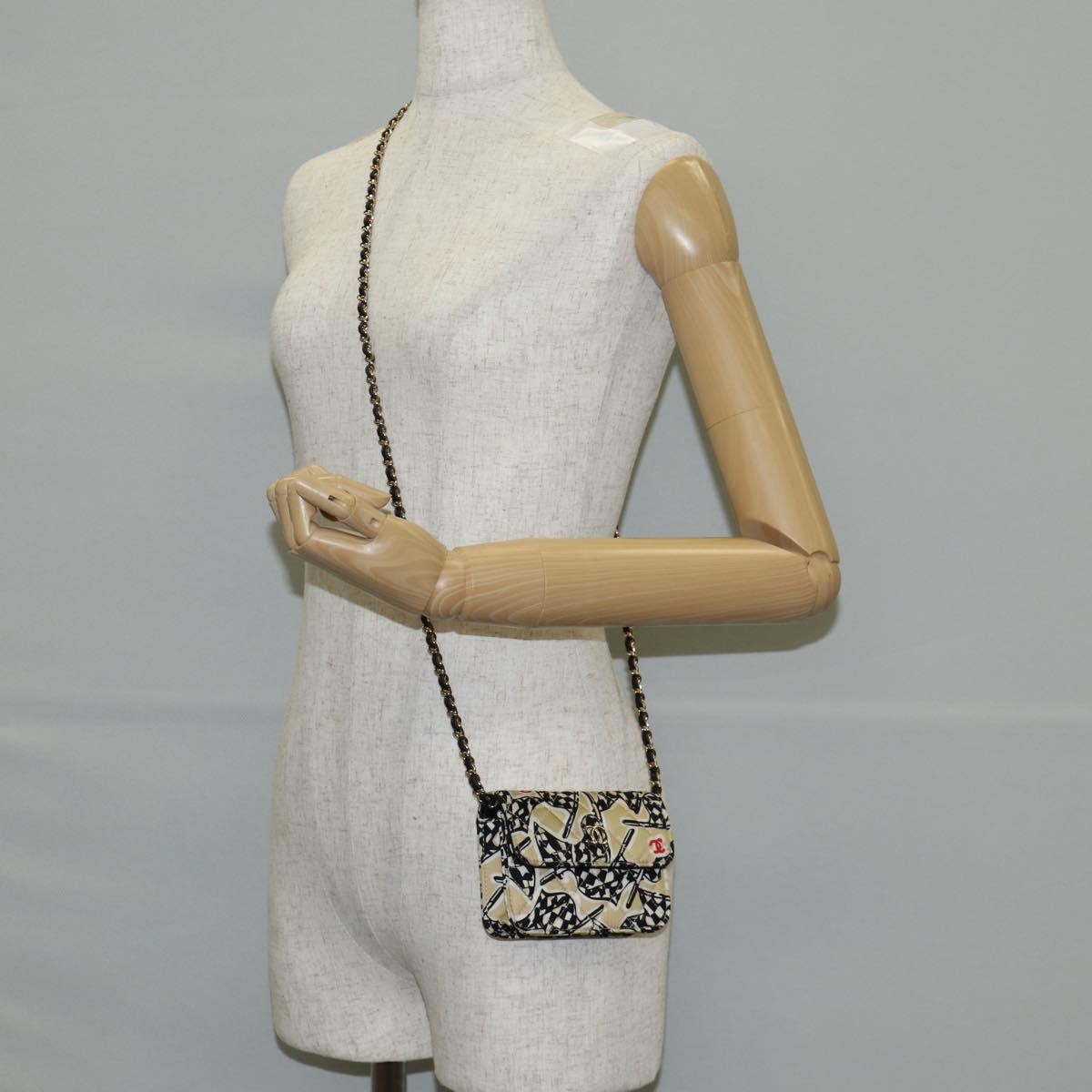 Chanel Flap Card Holder on Chain Quilted Printed Canvas, BEIGE, CANVAS, Clutche & pouche