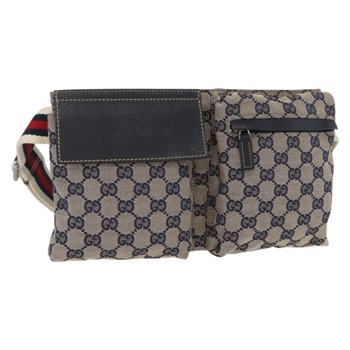 Gucci Vintage Double Belt Bag GG Canvas with Leather, NAVY, CANVAS, Clutche & pouche