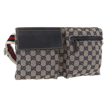 Gucci Vintage Double Belt Bag GG Canvas with Leather, NAVY, CANVAS, Clutche & pouche