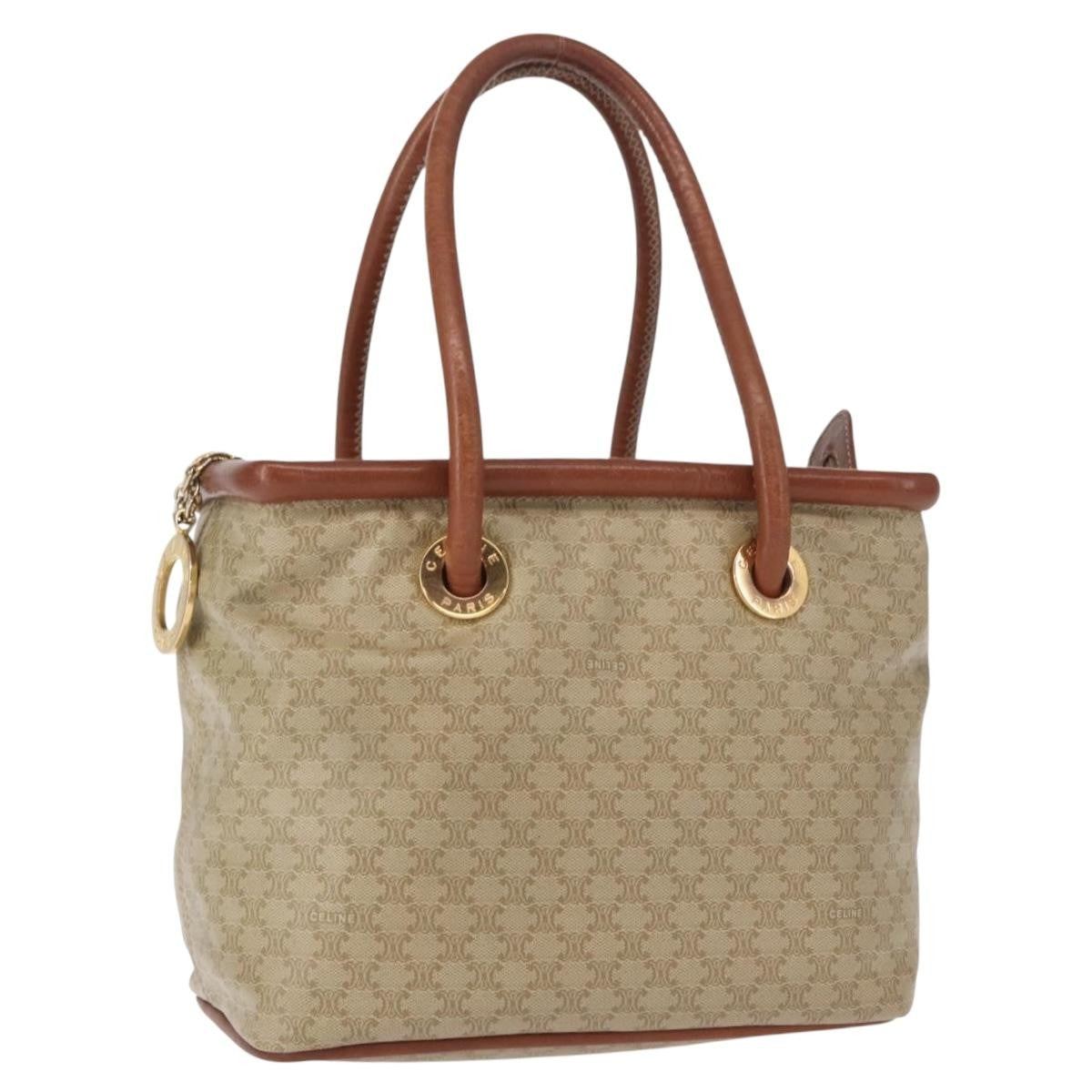 Celine Vintage Macadam Handbag Canvas and Leather, BEIGE, CANVAS, Handbag