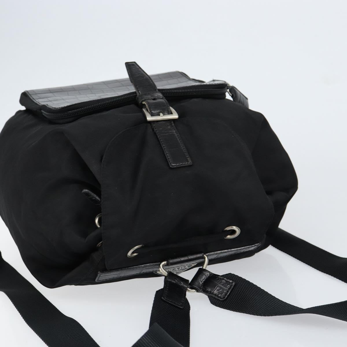 Prada Cinch Buckle Flap Backpack Tessuto with Crocodile Embossed Leather, BLACK, NYLON, Backpack