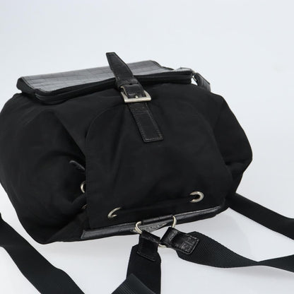Prada Cinch Buckle Flap Backpack Tessuto with Crocodile Embossed Leather, BLACK, NYLON, Backpack