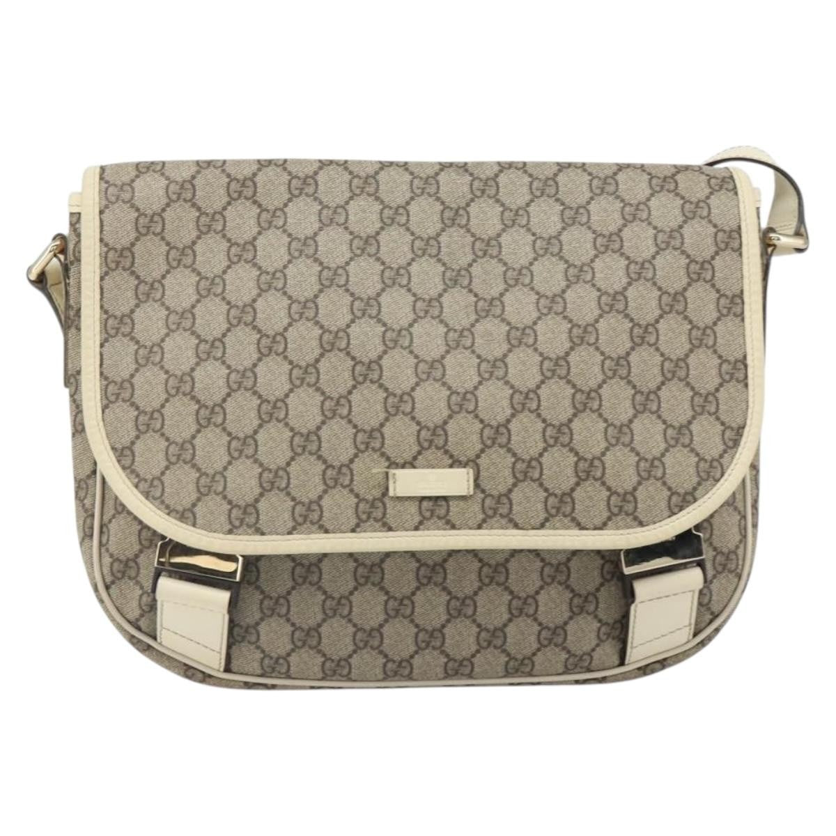 Gucci Double Buckle Flap Messenger Bag GG Coated Canvas with Leather, BEIGE, PVC, Shoulder bag
