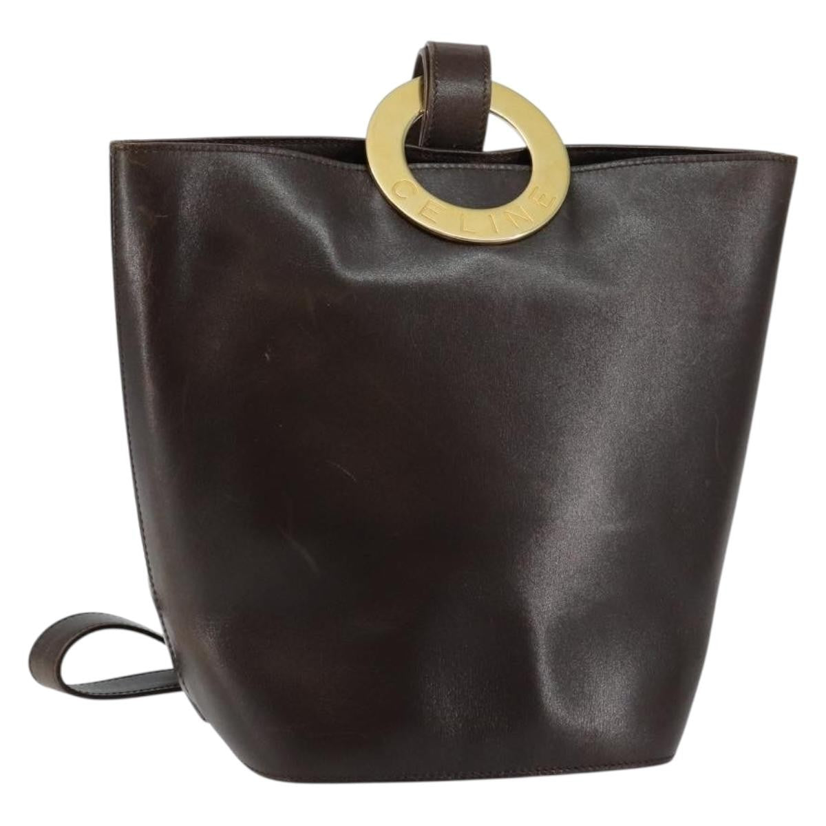 Celine Circle logo Leather, BROWN, LEATHER, Shoulder bag