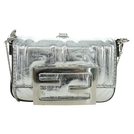 Fendi Chain Baguette Charm Bag Zucca Embossed Leather, Silver, Canvas, Clutch