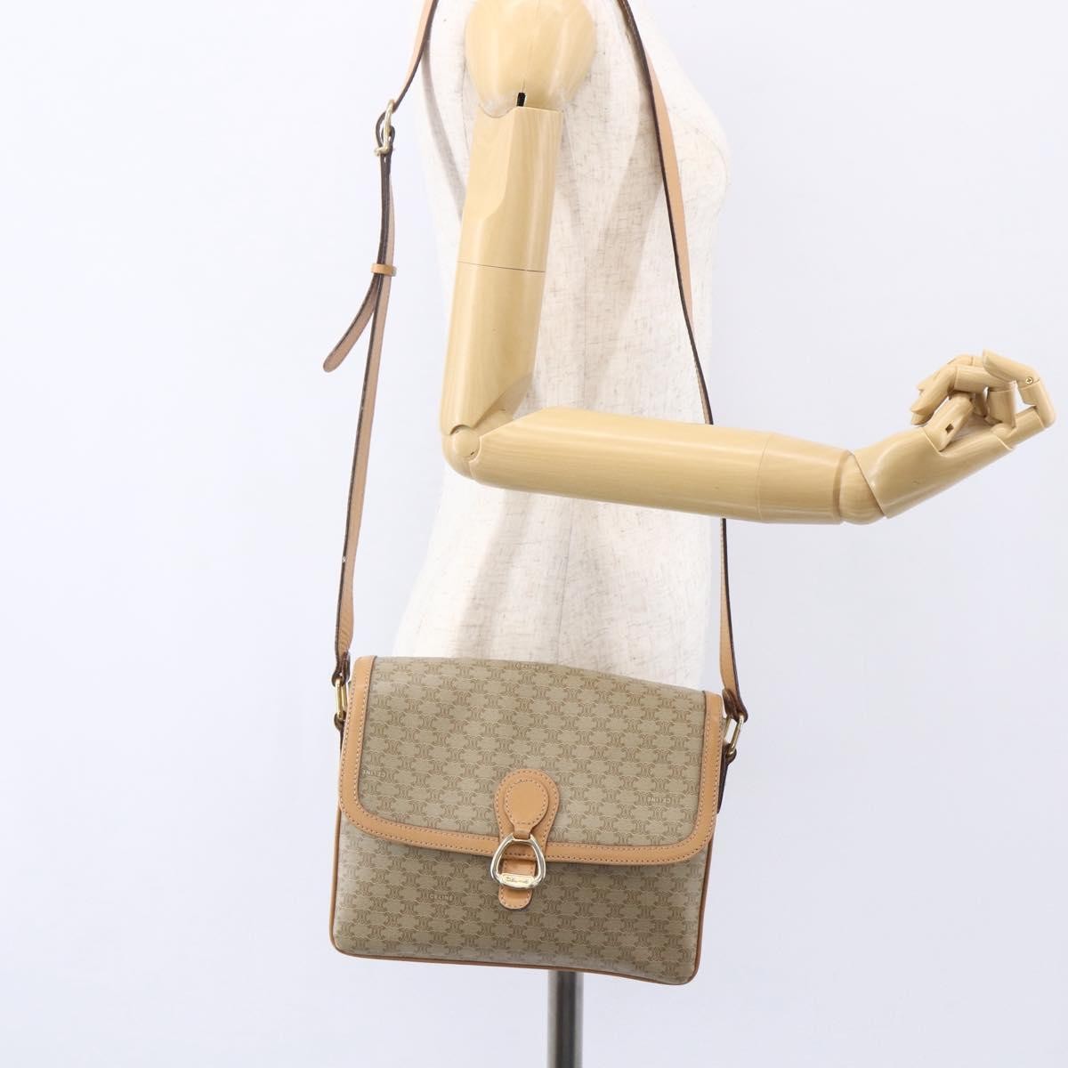Celine Vintage Macadam Shoulder Bag Canvas and Leather, BEIGE, CANVAS, Shoulder bag