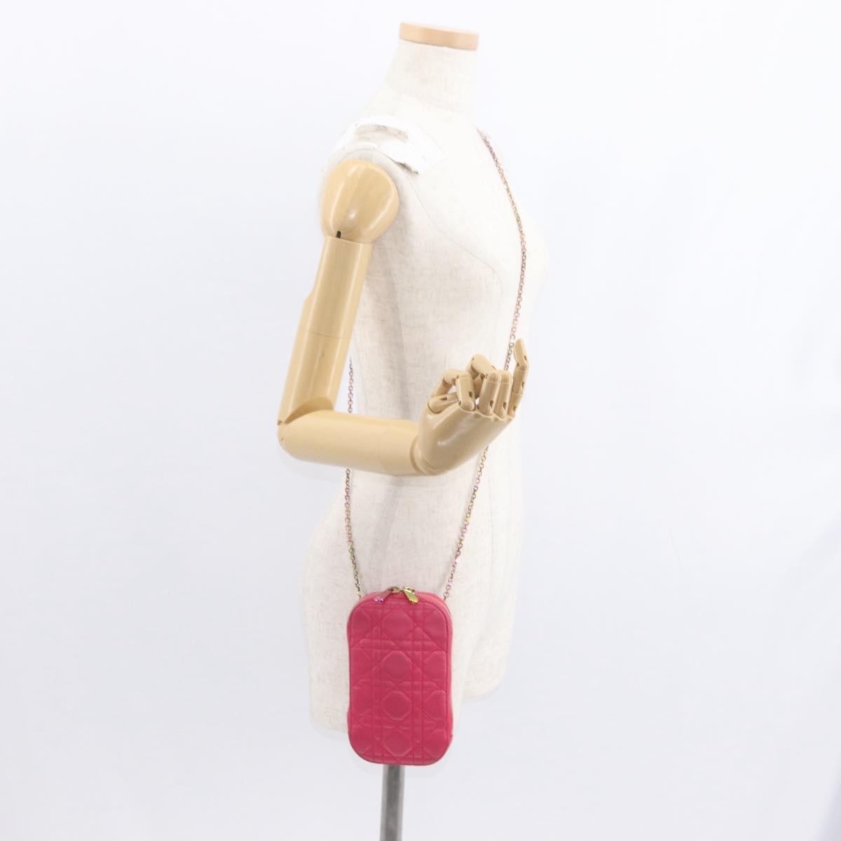Christian Dior Lady Dior Phone Holder on Chain Cannage Quilt Lambskin, PINK, LEATHER, Clutche & pouche